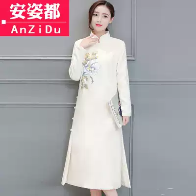 Cheongsam winter padded lint cotton linen dress women's long sleeve long autumn winter dress Chinese style improved cheongsam skirt