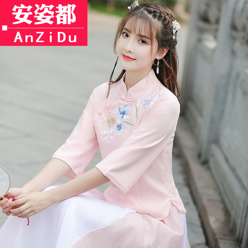 Chinese style with less female clothing Improved qipao blouses Chinese style Tang suit suit Xia comeback with Chinese wind cotton linen tea suit