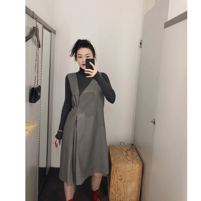 yjiid homemade 24 spring new arrival temperament grey front and back 2-wear asymmetric pleated sleeveless dress