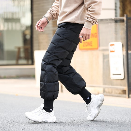 Winter lantern white duck down down pants men's outer wear youth new high waist thickened slim British warm cotton pants trend
