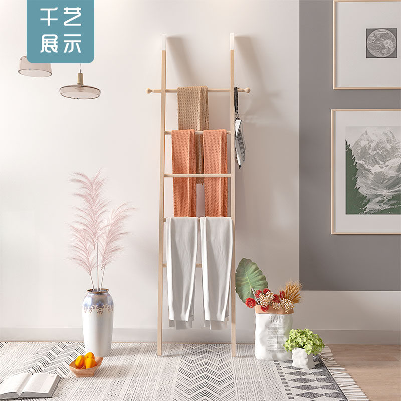 Nordic ins style floor scarves trapezoidal leaning against wall clothes hat rack solid wood minimalist modern creative wood ladders arranged