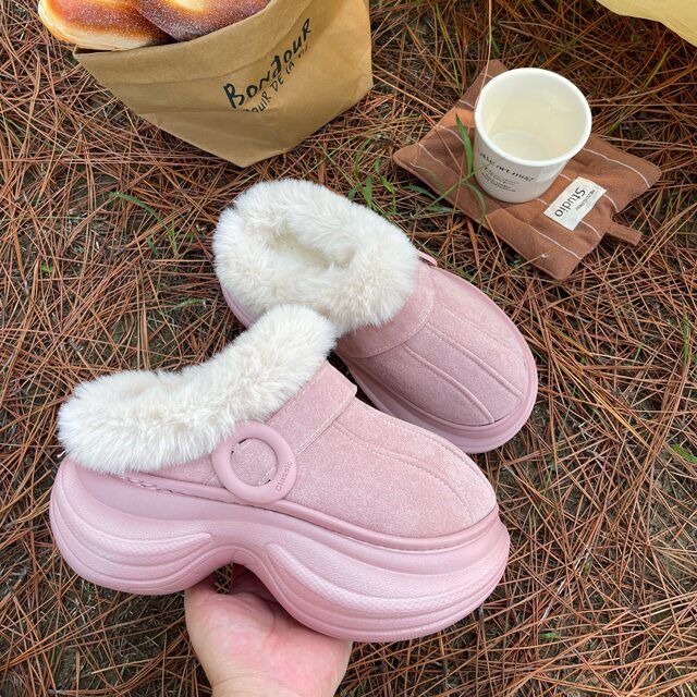 Thick-Soled Height-Increasing Cotton Slippers for Women, New Winter Snow Boots, Indoor Home Plush Warm Outerwear Large-Toe Cotton Shoes for Women