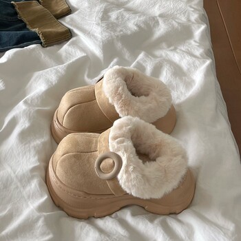 Furry Closed-Toe Cotton Slippers 2025 Winter New Thick-Soled Height-Increasing Fleece-Lined Warm Non-Slip Short Snow Boots for Outdoor Wear