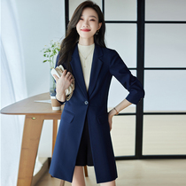 High level Sensory Hide Cyan Suit Wind Suit Medium Long Style Jacket Autumn Winter New Casual Temperament Professional Suit Jacket