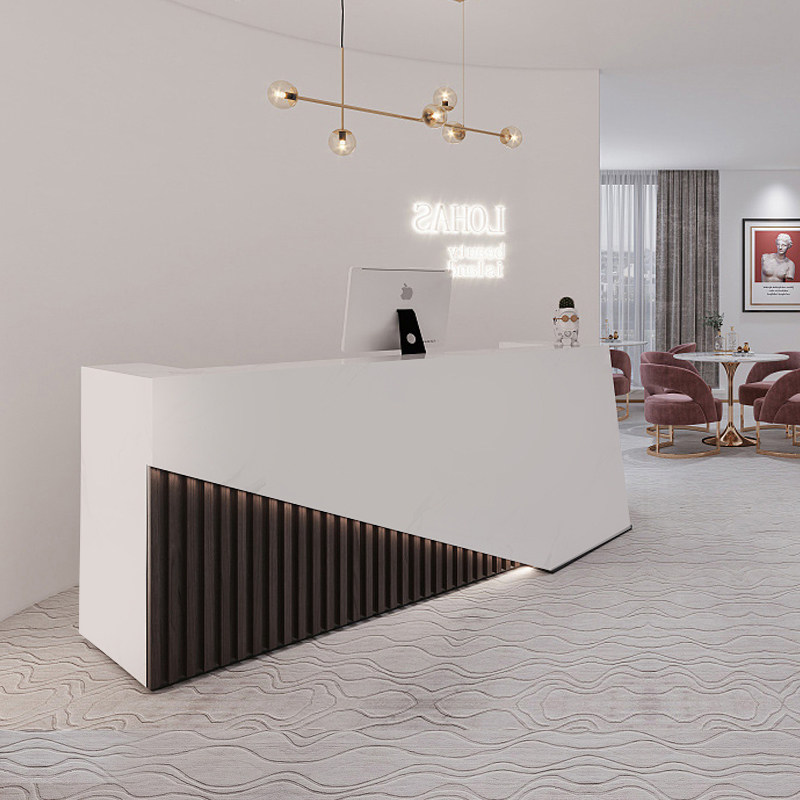 Simple high-end modern beauty salon cashier counter wood grain front desk white reception desk clothing store consultation desk customization