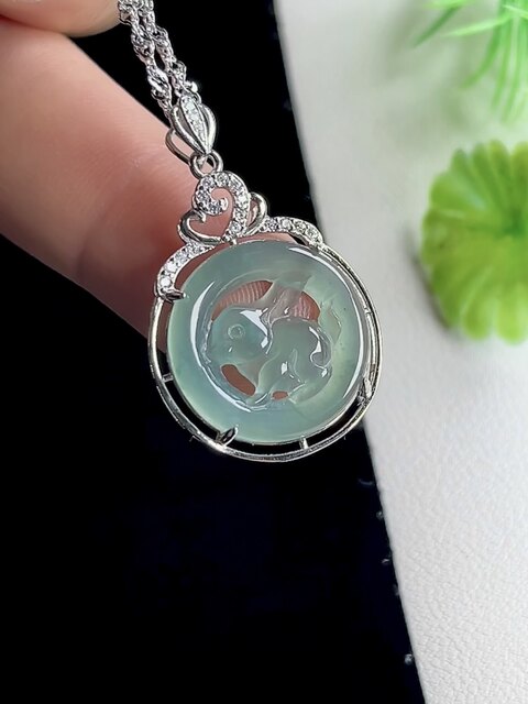 Natural Jade A Grade Rabbit Jade Pendant Ice Type 925 Silver