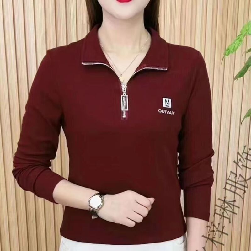 High-End Zippered Long-Sleeved T-Shirt for Women, New Spring and Autumn Style, Tummy-Covering Top, Age-Reducing, Elegant, Feminine, Niche Base Shirt