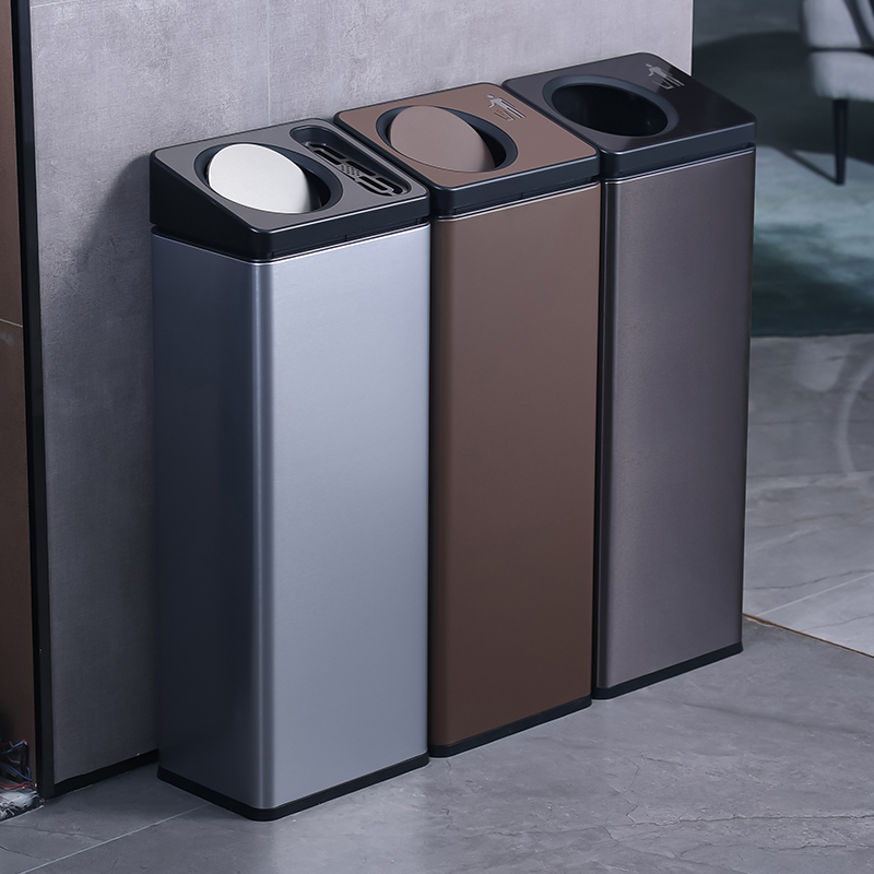 Stainless Steel Trash Can with Ashtray Large Capacity Commercial Hotel Lobby Vertical Elevator Corridor Swing Lid Direct Bucket
