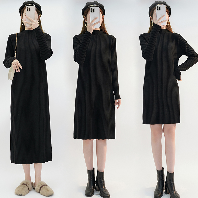 Knitted one-piece dress female fit large coat autumn and winter small inner lap long dress sweaters bottom medium long sweater dress black-Taobao