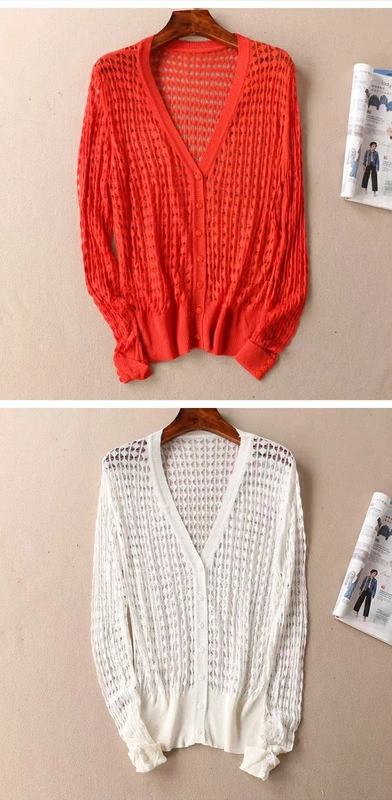 Đầu mùa thu nữ mỏng mảnh móc hoa rỗng đa năng thanh lịch mỏng cổ chữ V áo len dài tay Áo khoác cardigan B504 áo len nữ