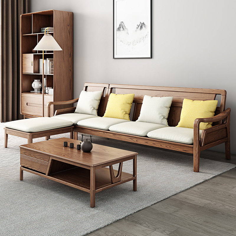 Nordic three-person sofa solid wood fabric winter and summer dual-use living room new Chinese technology fabric sofa ash wood furniture