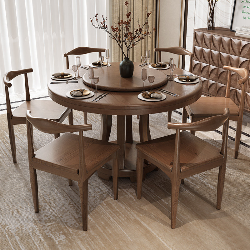 Nordic Solid Wood Dining Table And Chairs Combined Round Table Modern Minima Household with turntable Table Rice Table White Wax Wooden Table