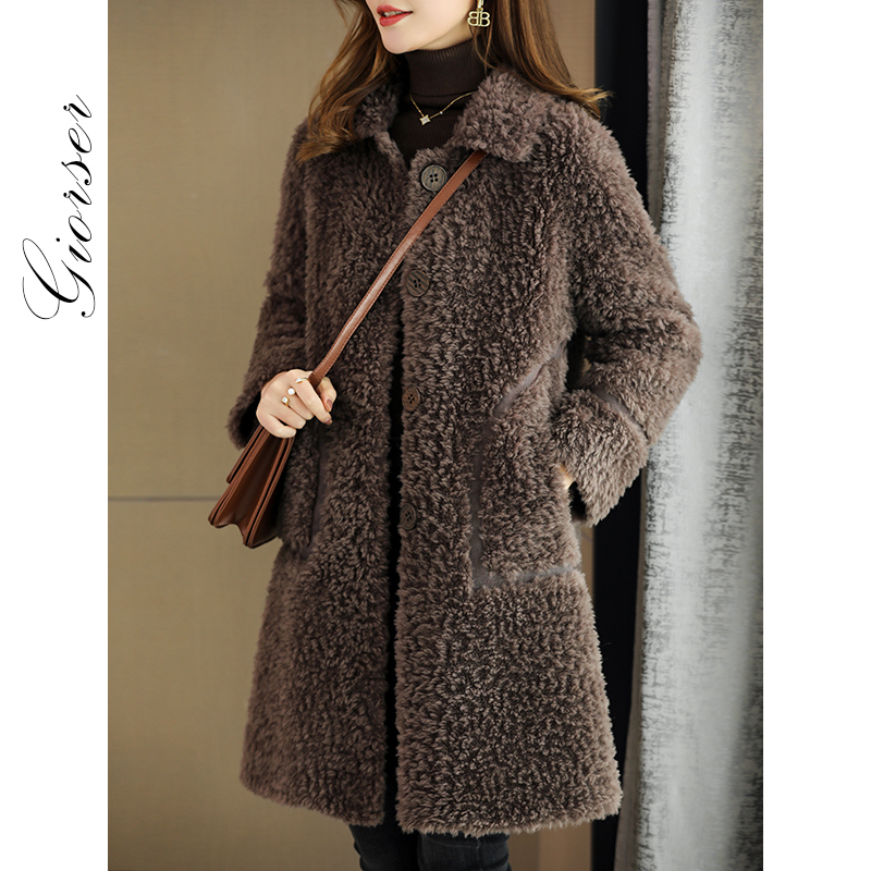 2025 New Korean Style Lapel Shearling Coat for Women, Mid-Length Fur Lamb Wool Composite Fur Integrated Coat