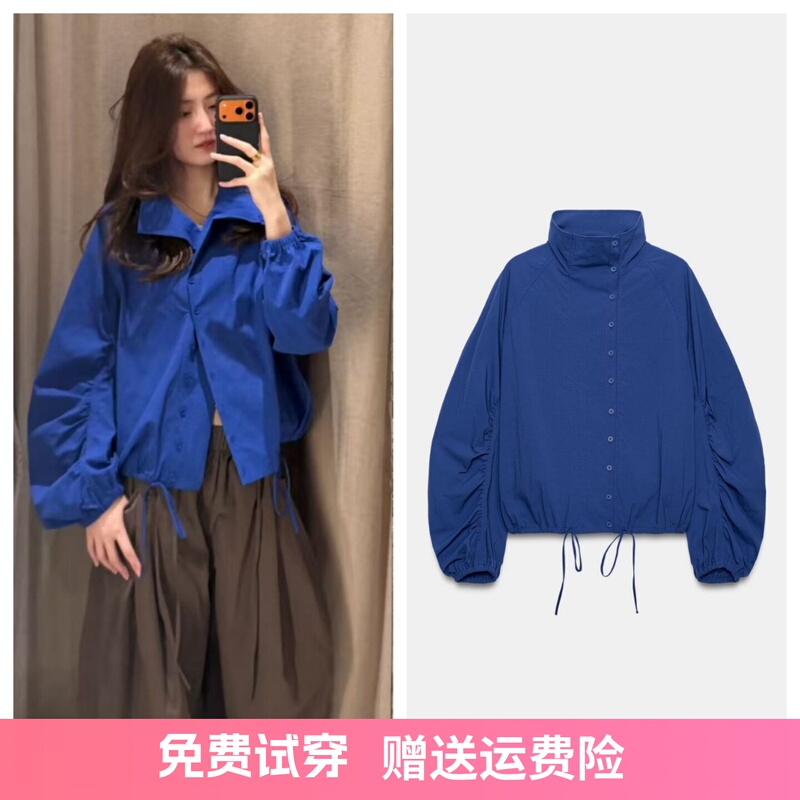 Za's 2026 Autumn New Klein Blue Long Sleeve Stand Collar Short Button-Decorated Nylon Jacket for Women 4772703 Za's 2026 Autumn New Klein Blue Long Sleeve Stand Collar Short Button-Decorated Nylon Jacket for Women 4772703