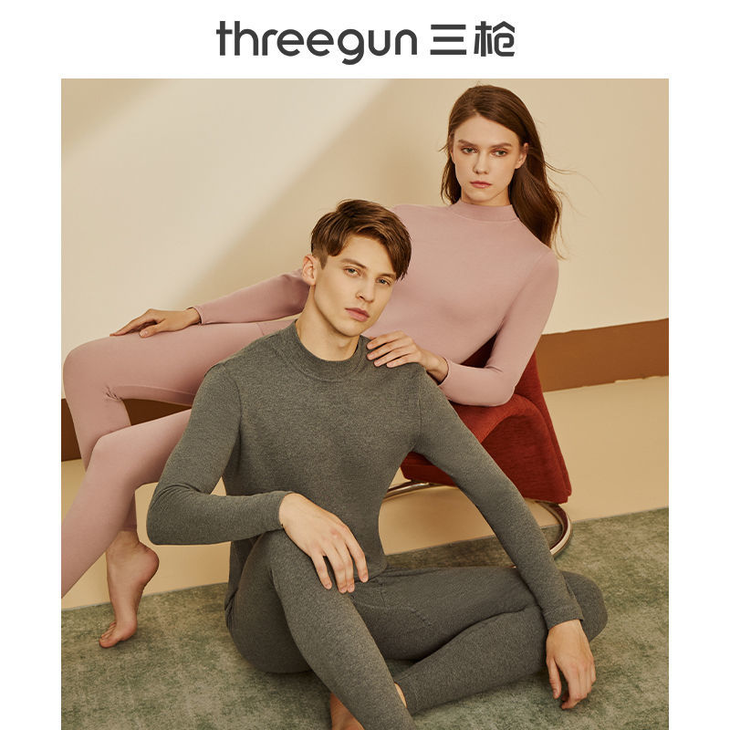 Three-gun heating clothing men's cotton half-high collar thickened comfort cotton sweater round neck autumn clothes sanitary pants suit women