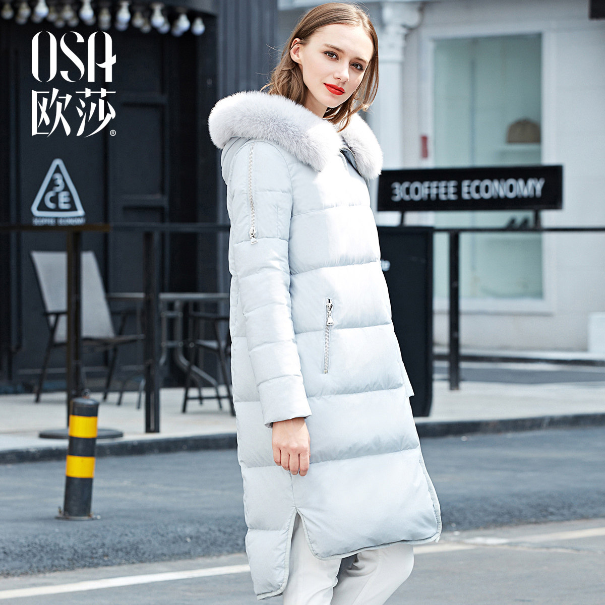 冬季女装保暖加厚H型前短后长毛领连帽羽绒服女长款