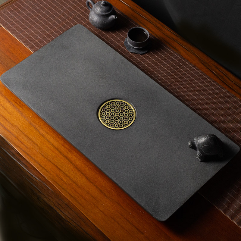 Uginshi Tea Tray Home Living Room Brief Natural Stone Tea Desk Creative Inlaid Copper Stone Tea Set Tray Drain-Taobao
