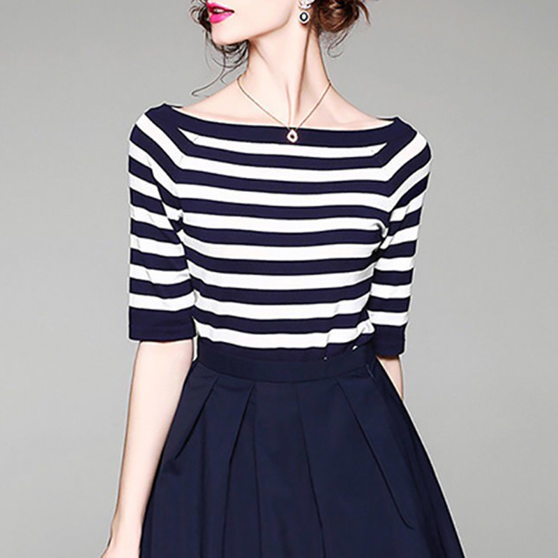 Women's New Color-Block Striped Off-Shoulder Slim-Fit Fashionable Color-Blocking Short Top with Mid-Sleeve Pullover Knitwear