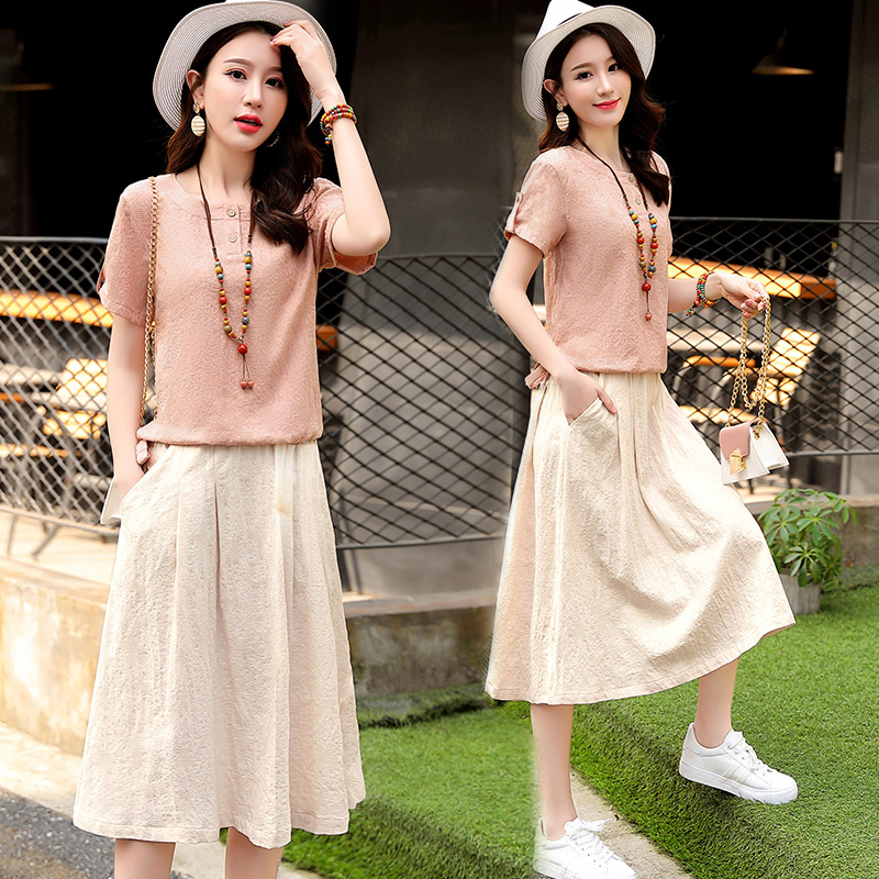 Summer cotton linen dress Skirt Woman Mid 2022 new artistic temperament linen suit dress casual Two sets summer 