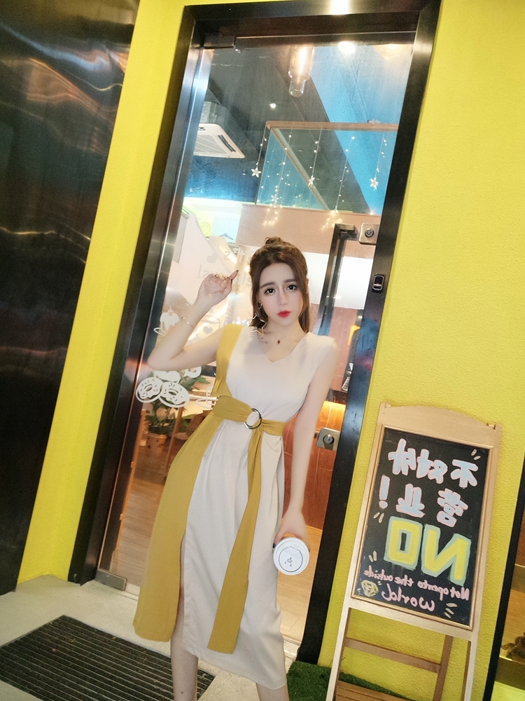 VK旗艦店 韓系收腰顯瘦時尚拚色無袖洋裝