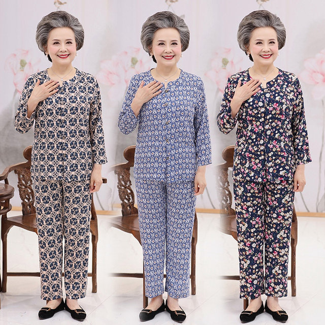 Broken code clearance middle-aged and elderly grandma's cotton silk pants suit old mother cardigan shirt old lady two-piece set