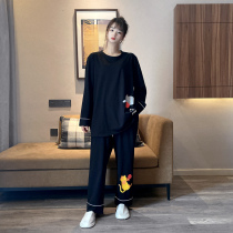Spring and autumn plus size cartoon long-sleeved pure cotton pajamas for women Korean version fat mm 200 pounds can be worn outside the home clothes two-piece set