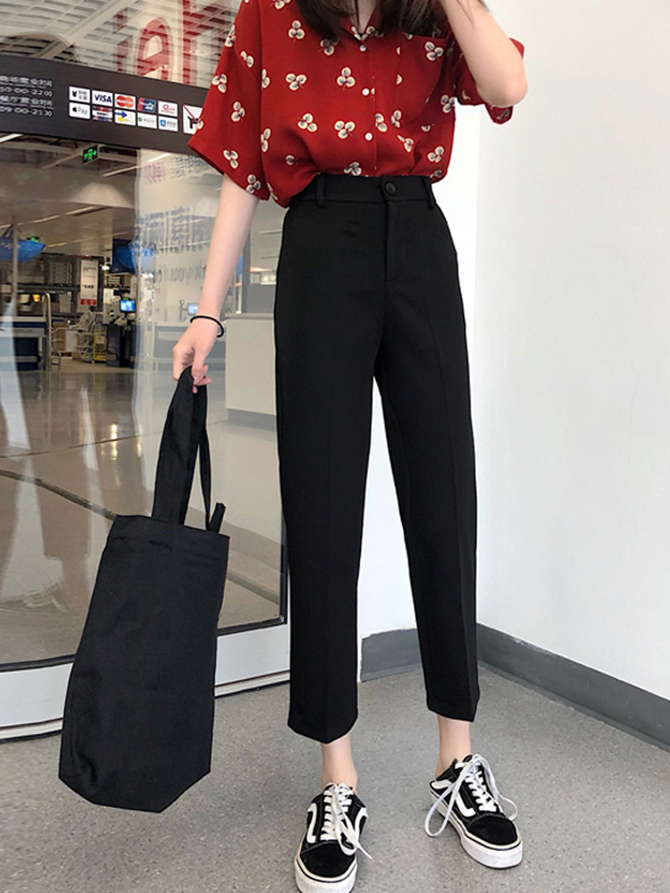 Spring and autumn 2021 new thin nine-point pants black casual small trousers high-waisted suit pants women's straight loose pants
