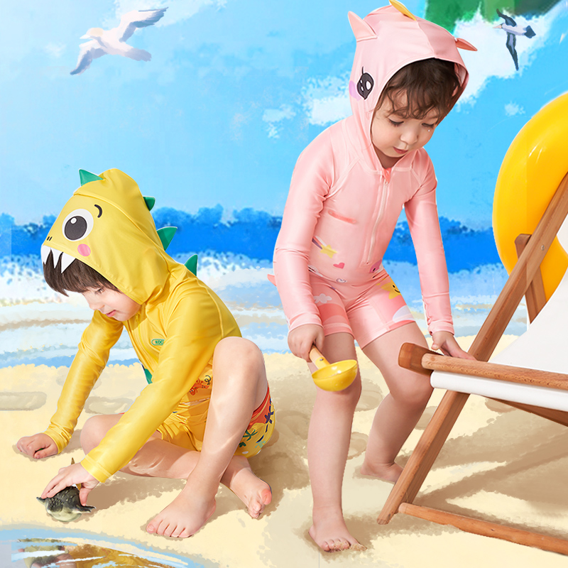 KK tree children's one-piece swimsuit long sleeves boys and girls sunscreen swimsuit hooded small medium and large children baby swimsuit hot spring