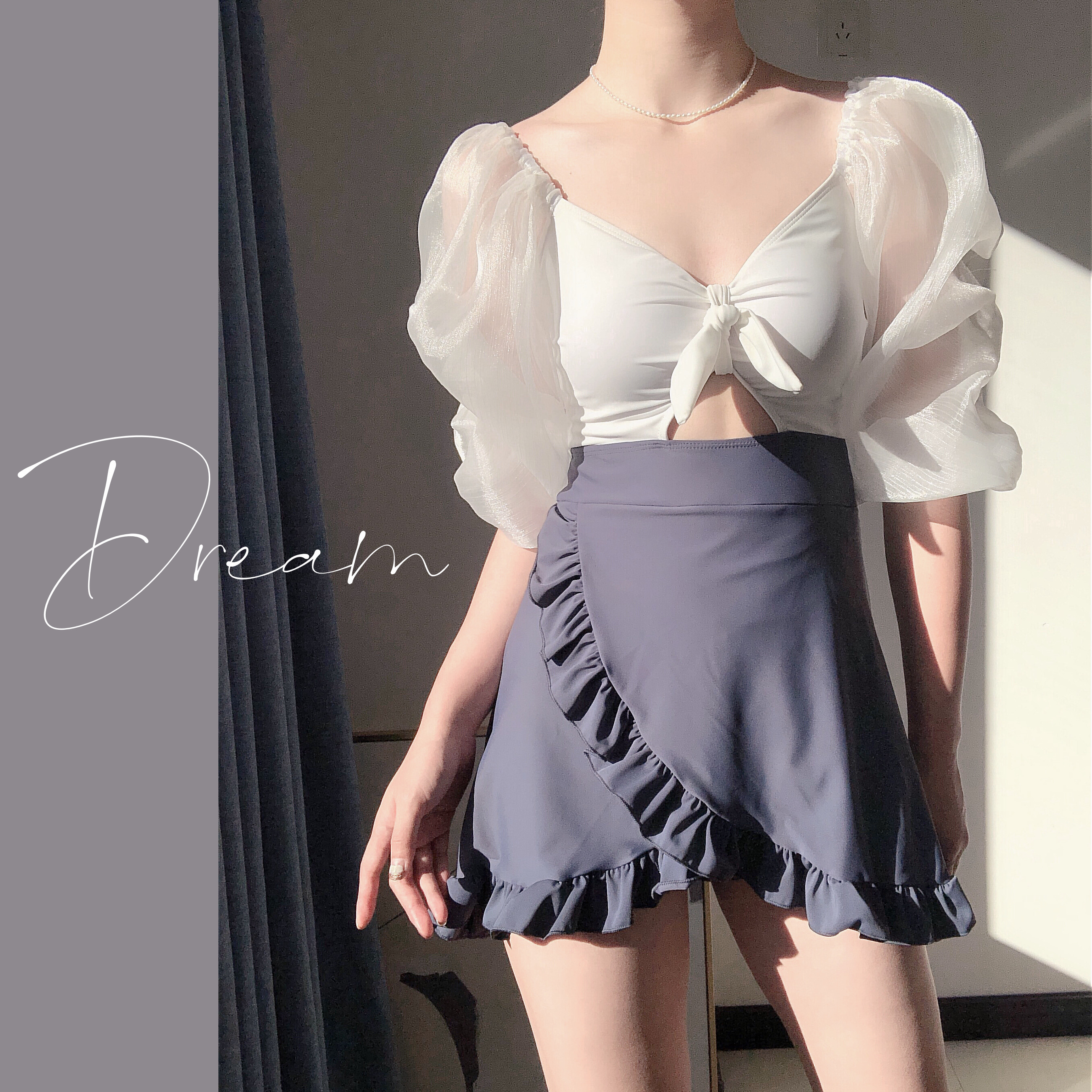 Honey Dream Swimsuit 2021 new Fairy Fan conservative one-piece Korean INS high-waisted skirt swimsuit cover belly to slim