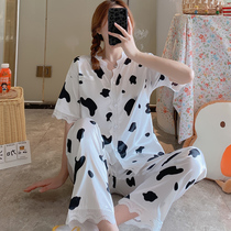 Net red print pajamas womens summer ice silk short sleeve trousers two-piece set 2021 New Silk home wear