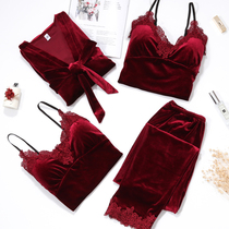 Red Gold Velvet Pyjamas Ladys Life Spring Autumn Style Sexy Sleeping Dress Four Pieces With Chest Pads 2021 New