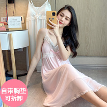 Lace sling nightgown women 2021 new summer cotton belt chest pad sexy long princess style pajamas