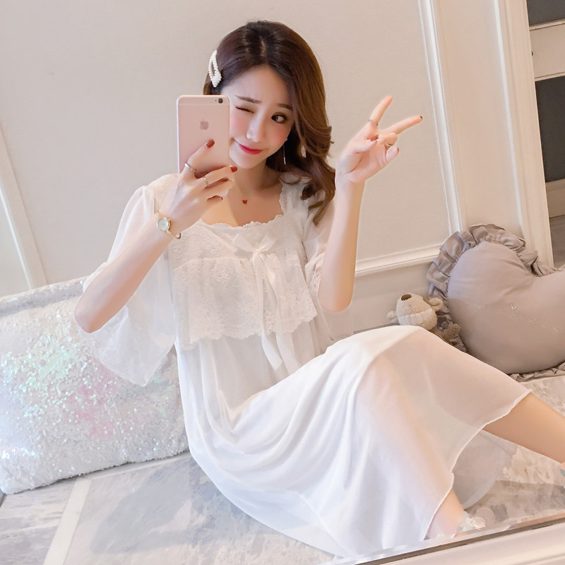 Fairy style pajamas nightdress female summer princess style short-sleeved cotton long version knee-length lace small sexy sweet and cute