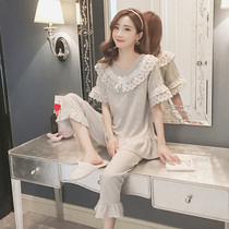 Home Sleepwear Women Suit Spring Autumn Pure Cotton Short Sleeves Two Sets Summer Princess Wind Sweet and cute Korean version can be worn outside