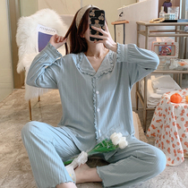 Princess style pajamas womens spring and autumn cotton long sleeve cardigan suit Korean sweet student cute youth home clothes
