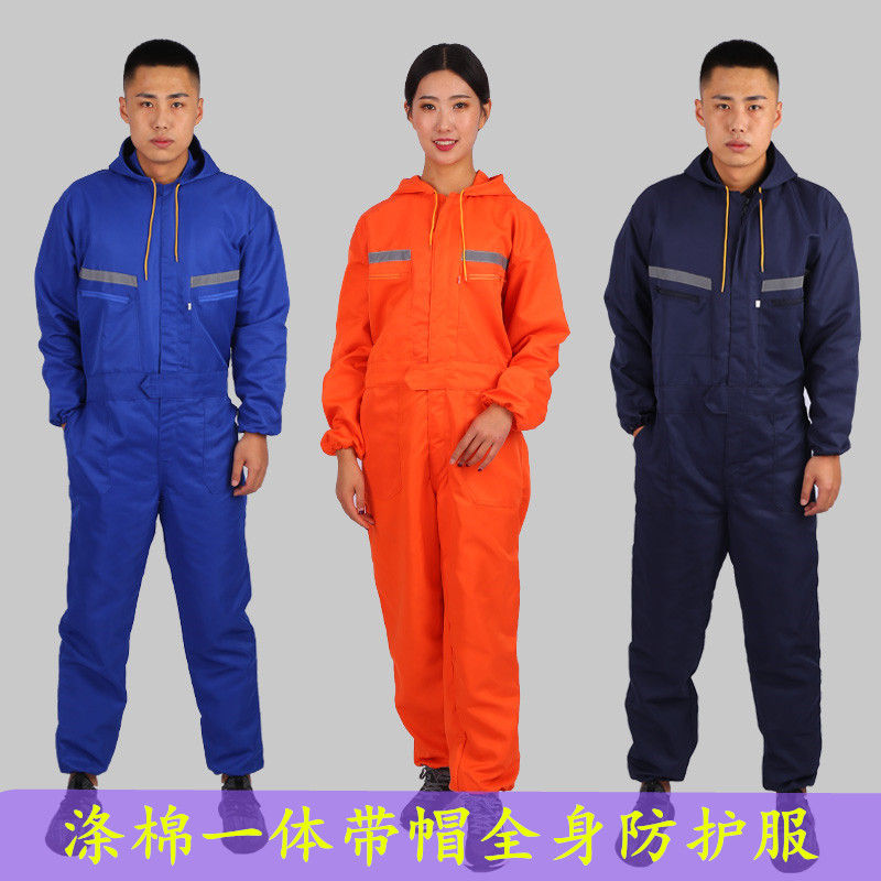 T C blended one-piece hooded full body protective clothing Reflective strip dustproof clothing One-piece anti-industrial dust breathable waterproof slotted