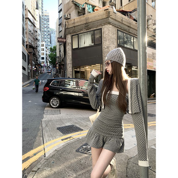 Thas9i 900 ລ້ານ melu bobo ribbed lapel polka dot stitching tube top dress & cardigan jacket set