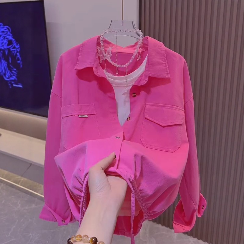 Rose Red Drawstring Polo Collar Denim Shirt Jacket for Women, Spring Korean Style Fashionable Short Shirt for Petite Figures