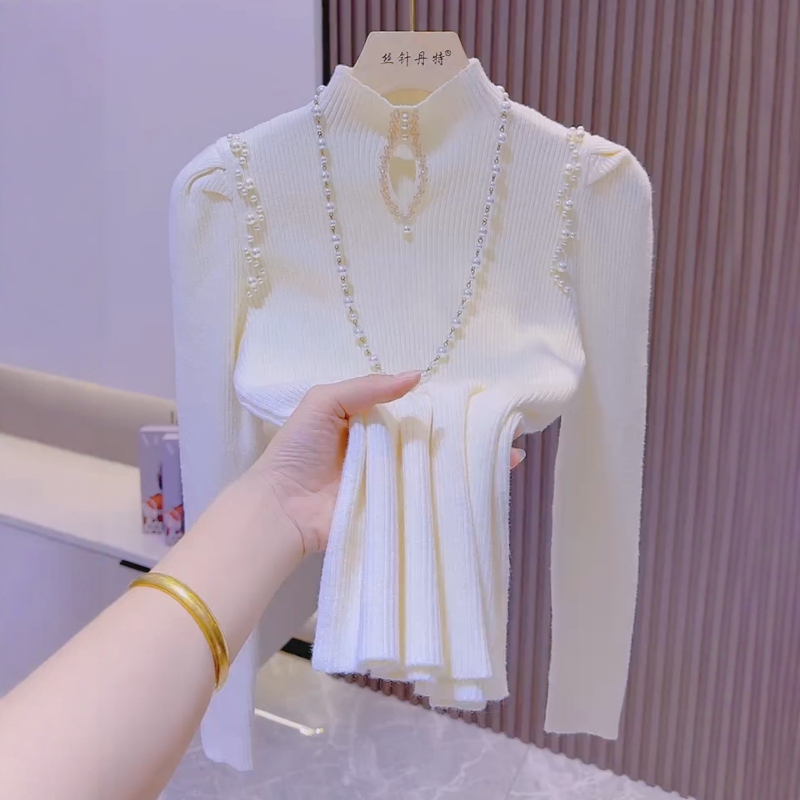 Autumn and Winter Puff-Sleeve Half-High Collar Hollow-Out Beaded Long-Sleeve Knitted Top for Women, Stylish and Fashionable Inner Sweater