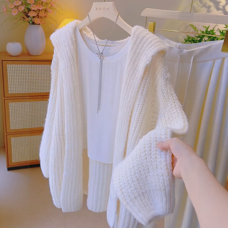 Korean Style Lazy Soft Sweater Cardigan Jacket for Women, Autumn and Winter Mid-Length Hooded Fashionable French Simple Knitwear