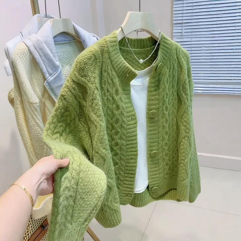 Green Round-Neck Single-Breasted Vintage Cable Knit Cardigan Sweater for Women, New Autumn and Winter Design Knitwear