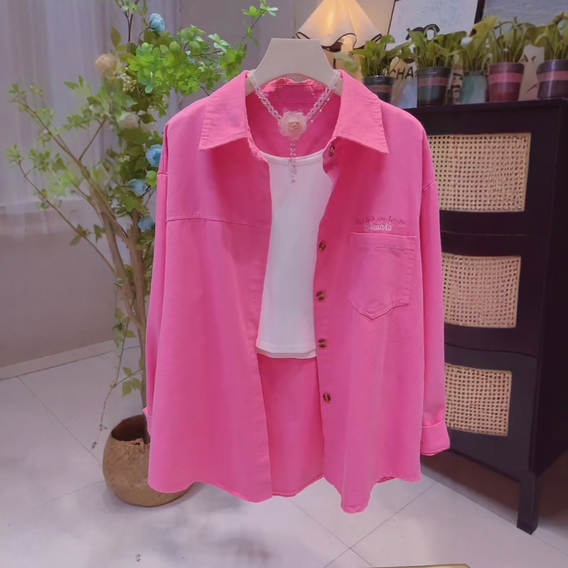 Rose Red Polo Collar Embroidered Denim Shirt for Women, Spring 2026 New Mid-Length Cardigan Jacket Outerwear Shirt