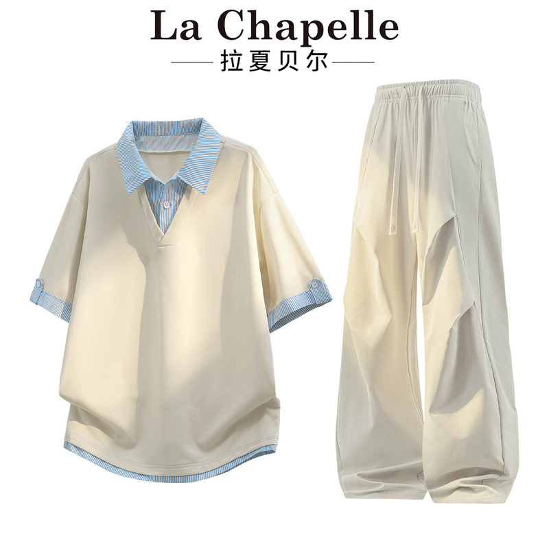 La Chapelle Trendy Brand Fake Two-Piece Suit Men's Lapel Short-Sleeve T-Shirt Summer Striped Color-Blocking Casual Two-Piece Set