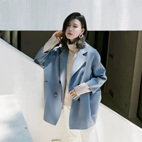 2018 mùa thu và mùa đông mới áo khoác len hai mặt màu xanh cashmere vai ngắn đoạn 毛 áo len nữ quần áo - Áo len lót đôi áo khoác cardigan