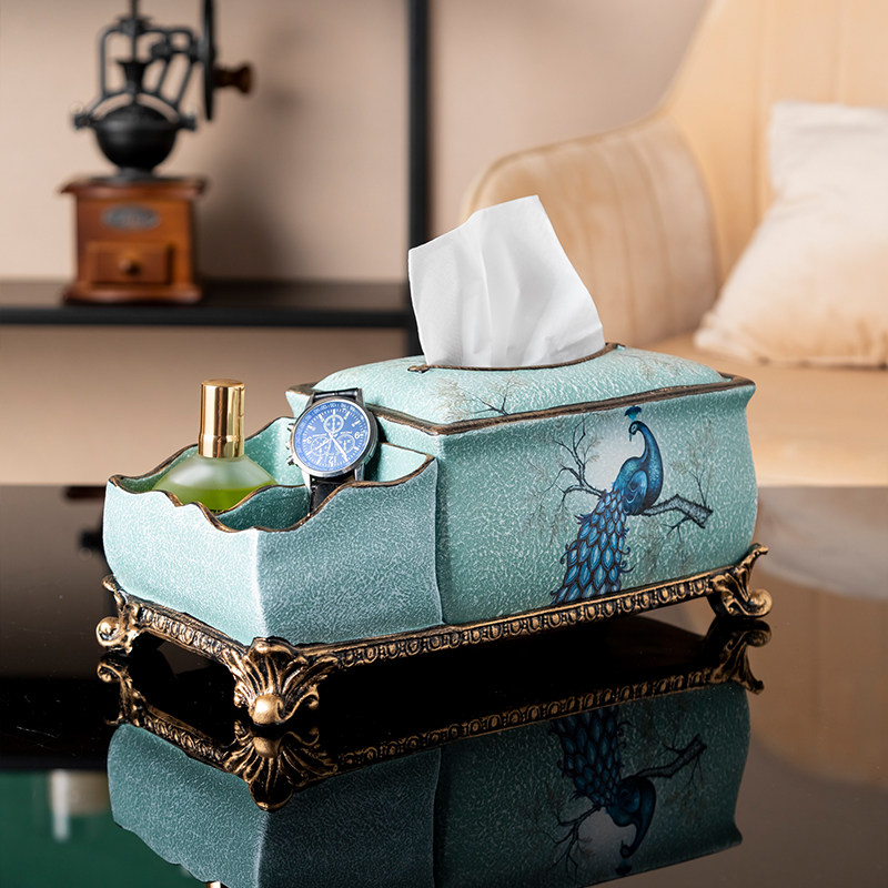 Retro living room with remote control extraction style toilet paper box American peacock tea table decoration multifunction paper towel box minimalist Nordic wind