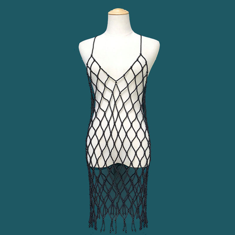Shiny Retro Pearl Handmade Hollow-Out Long Dress with V-Neck and Straps, Women's Clothing Accessory for Outerwear