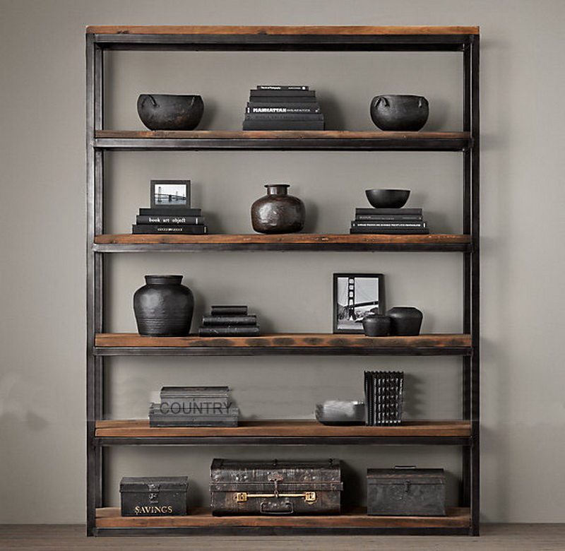 American Loft Landing Bookcase Retro Contained brief modern solid wood Kitchen Separator Multilayer Iron Art Shelf