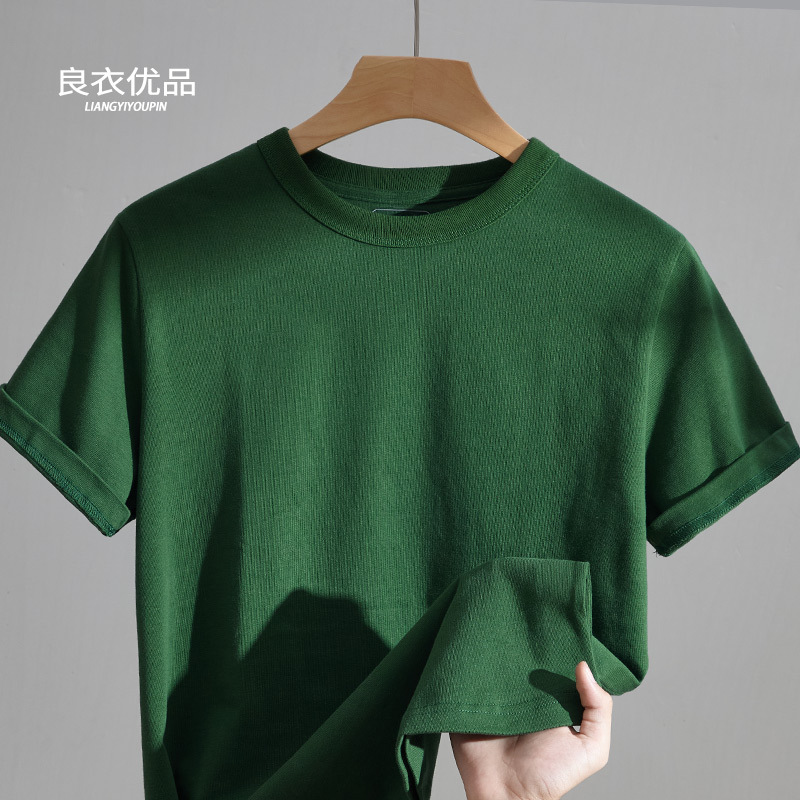 Liangyi Premium Forest Green Heavyweight 400g Xinjiang Pure Cotton Short-Sleeved T-Shirt Men's Summer Retro Pure Color Round Neck Bottoming