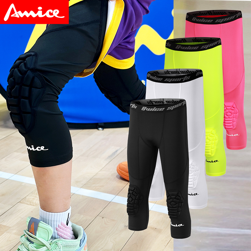 Awice Kidsren's Small Basketball Equipment Honeycomb Knee Pads Anti-Collision Training Sports Elastic Basketball Tights Three-Quarter Pants