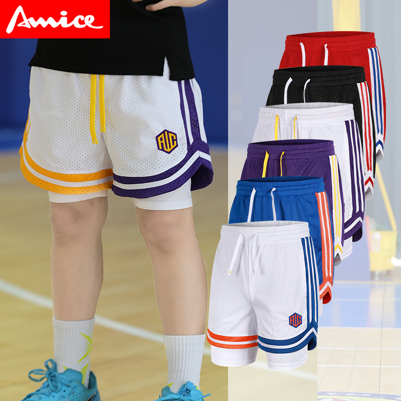 Aiwisen Children's American-Style Four-Quarter Shorts, Fake Two-Piece Basketball Shorts for Boys, Training, Fitness, Sports, Running, Breathable Shorts